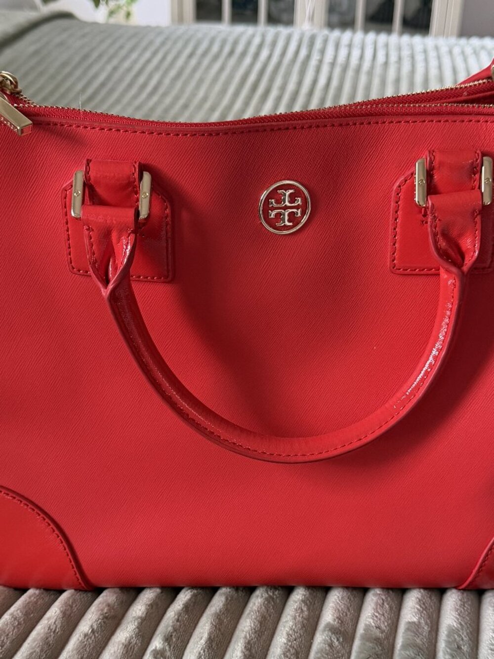 Tory Burch Poppy Red Double Zip Robinson Tote Handbag